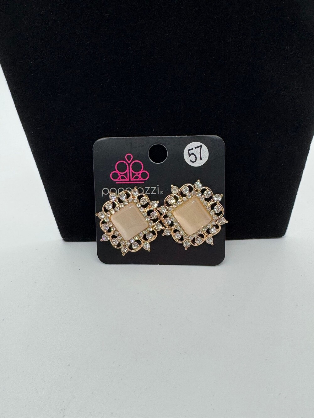 Paparazzi Gold Tone Moonstone & Rhinestone Clip-On Statement Earrings NWT